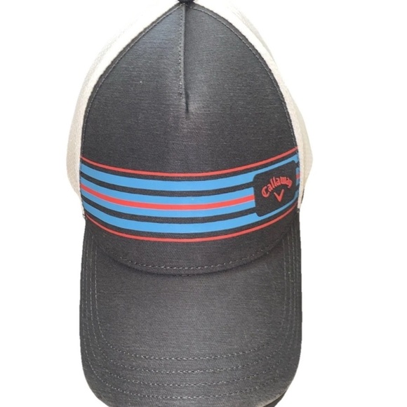 Callaway Snap Back Hat Charcoal with Red and Blue Stripe Design and White Mesh - Picture 2 of 7